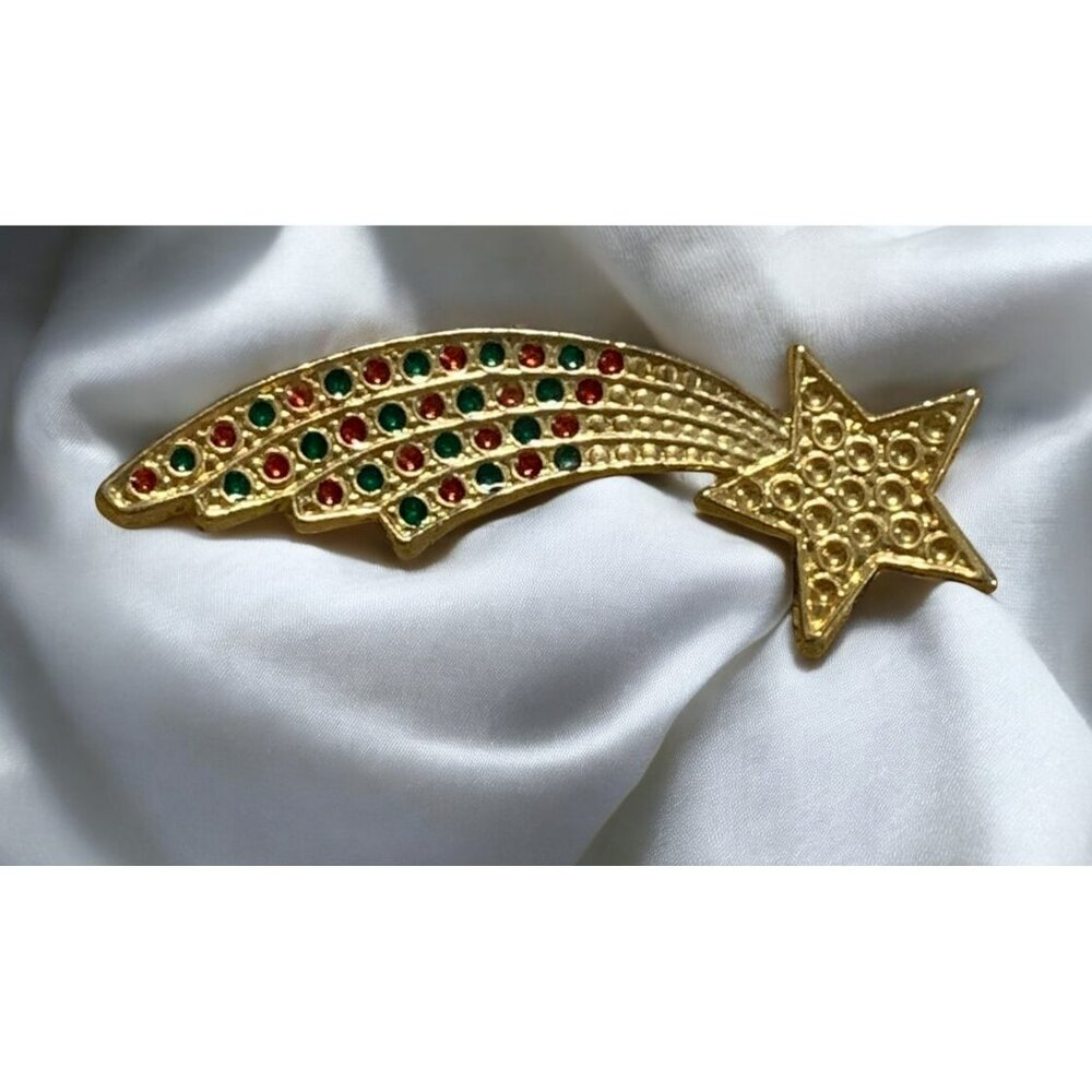 Vintage Gold-Tone Shooting Star Brooch With Red & Green Rhinestones On Pin Back